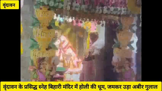 *वृंदावन के स्नेह बिहारी मंदिर में ठाकुर जी के चरणों में अर्पित गुलाल और रंग श्रद्धालुओं डाला,श्रद्धालु सराबोर..