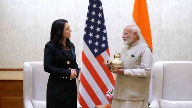 New Delhi: Prime Minister Modi presents Tulsi Gabbard with water from the holy Maha Kumbha, a symbol of India's civilisational power and spiritual diplomacy 
#International