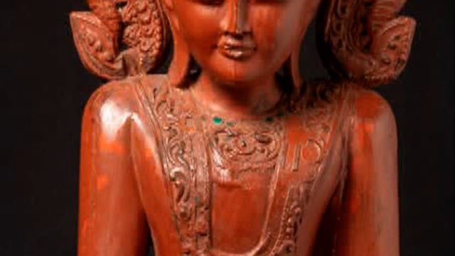 Large antique wooden crowned Burmese Buddha statue from Burma