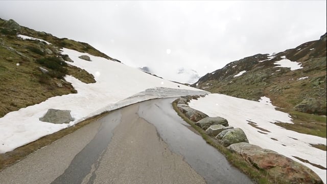 Nature Walk – Alpine Mountain Pass with Falling Snow, Switzerland