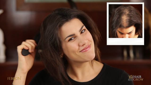 Woman demonstrating natural-looking results using Febron Hair Fibers for thinning hair coverage