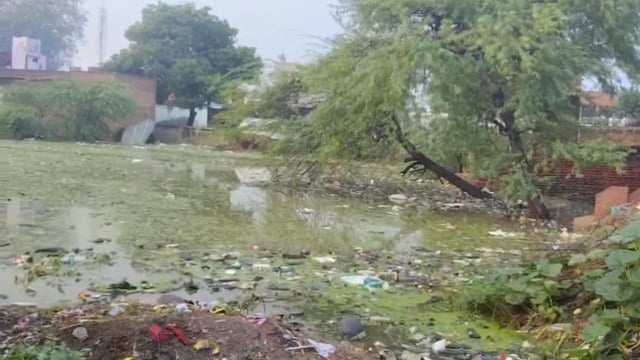 पानीगांव में बरसात का पानी भरने से पौखर हुई ओवर फ्लो, सरकारी स्कूल के अंदर घुसा पौखर का पानी।