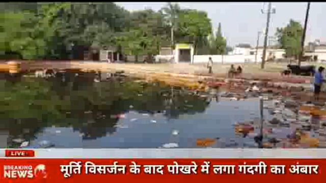 गोंडा मूर्ति मूर्ति विसर्जन के बाद पोखरा  में लगा गंदगी का अंबार