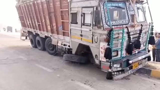 जानवर को बचाने के चक्कर में ट्रक डिवाइडर पर चढ़ा