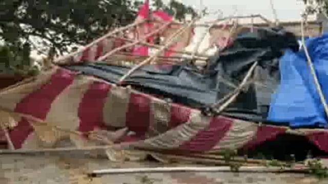 कामधेनु मंदिर परिसर में आयोजित होने वाले महारुद्र यज्ञ को लेकर बनाया गया यज्ञ स्थल आंधी में हुआ क्षतिग्रस्त