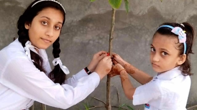 सुगौली की स्कूली छात्राओं ने पेड़ को रक्षा सूत बांध कर पर्यावरण की रक्षा का लिया संकल्प।