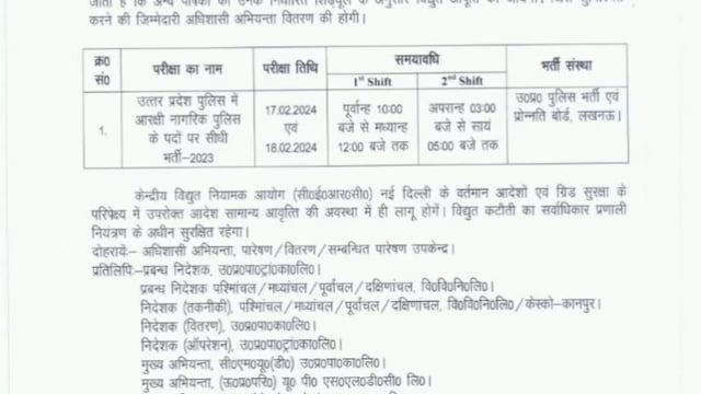यूपी पुलिस भर्ती परीक्षा के मद्देनजर 17 और 18 फरवरी को 10:00 बजे से लेकर 12:00 तक तथा 2:00 बजे से 5:00 बजे तक कटौती मुक्त यानी निर्बाध आपूर्ति के लिए यूपी एसएलडीसी लिमिटेड ने आदेश जारी किया है।