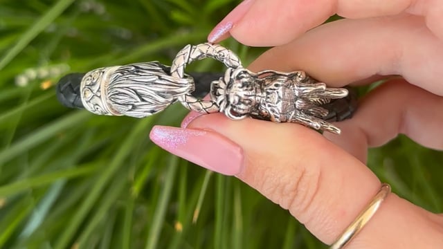Sterling Azhdaha Blitz Dragon Bracelet on Leather - Mans
